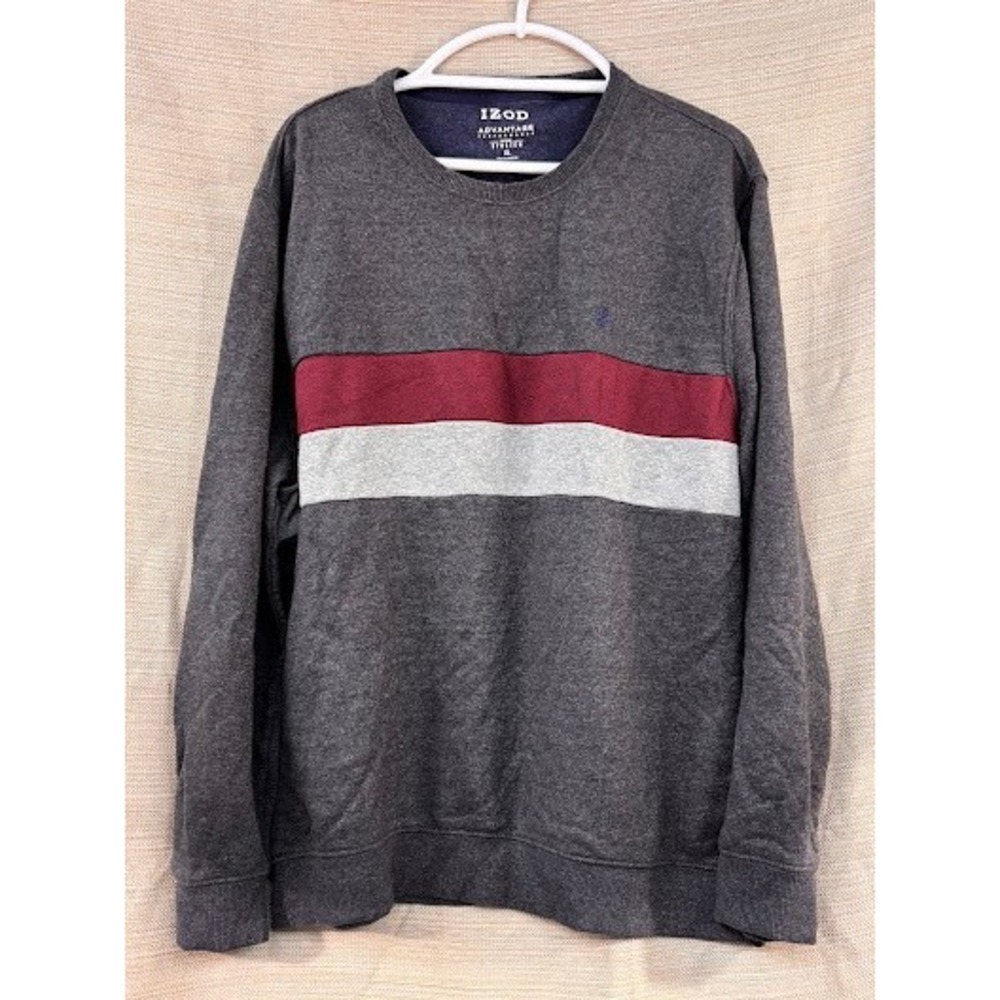 Izod Advantage Performance Mens XL Gray Burgundy Striped Crew Neck Sweatshirt